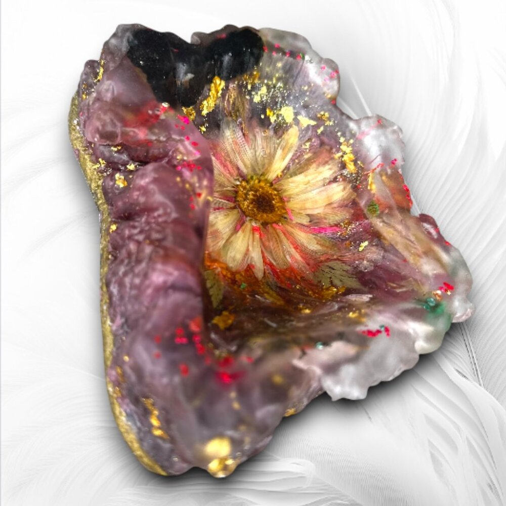 Handmade Resin Flower Jewelry Dish Gold Leaf Pressed Flower Ring Holder Trinket - Picture 2 of 8